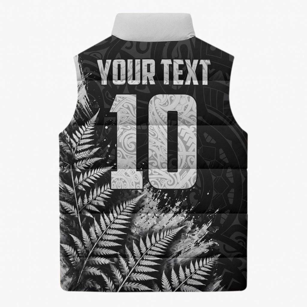 Personalized New Zealand Kiwi Bird Sleeveless Puffer Jacket Grunge Maori Tribal Pattern Silver Fern