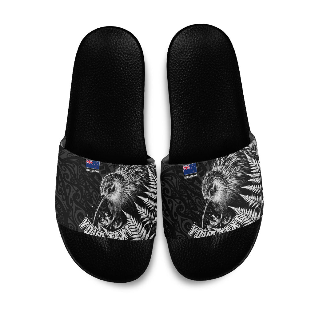 Personalized New Zealand Kiwi Bird Slide Sandals Grunge Maori Tribal Pattern Silver Fern TS04 Black White - Polynesian Pride