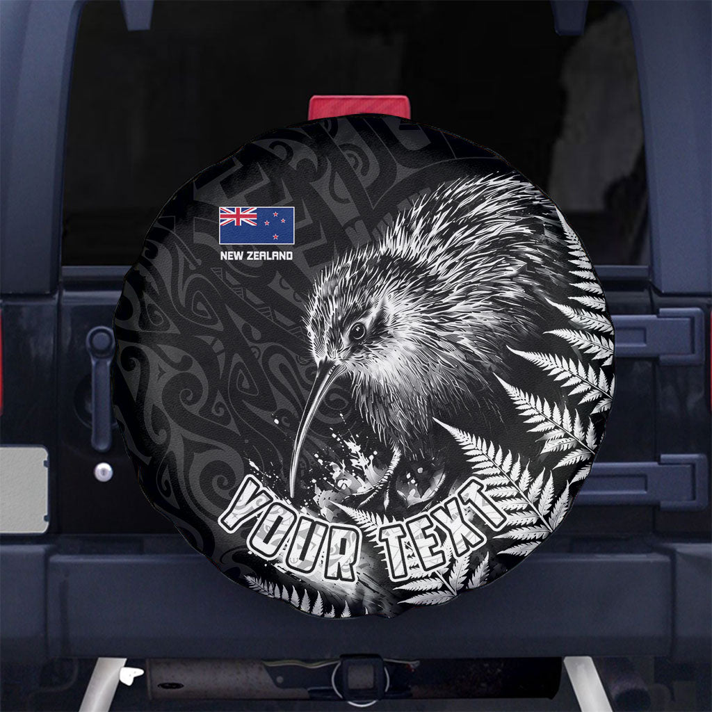 Personalized New Zealand Kiwi Bird Spare Tire Cover Grunge Maori Tribal Pattern Silver Fern TS04 No hole Black White - Polynesian Pride