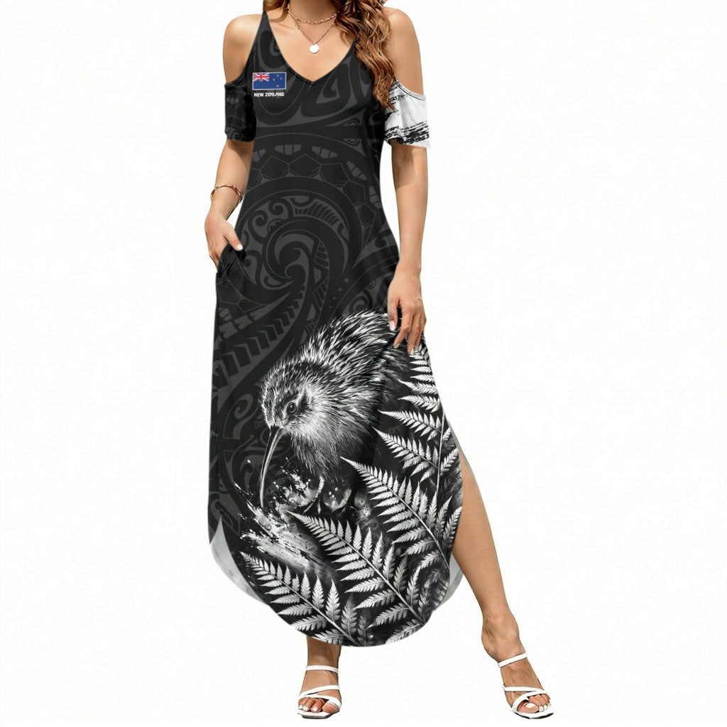 Personalized New Zealand Kiwi Bird Summer Maxi Dress Grunge Maori Tribal Pattern Silver Fern TS04 Women Black White - Polynesian Pride
