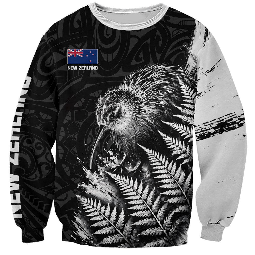Personalized New Zealand Kiwi Bird Sweatshirt Grunge Maori Tribal Pattern Silver Fern