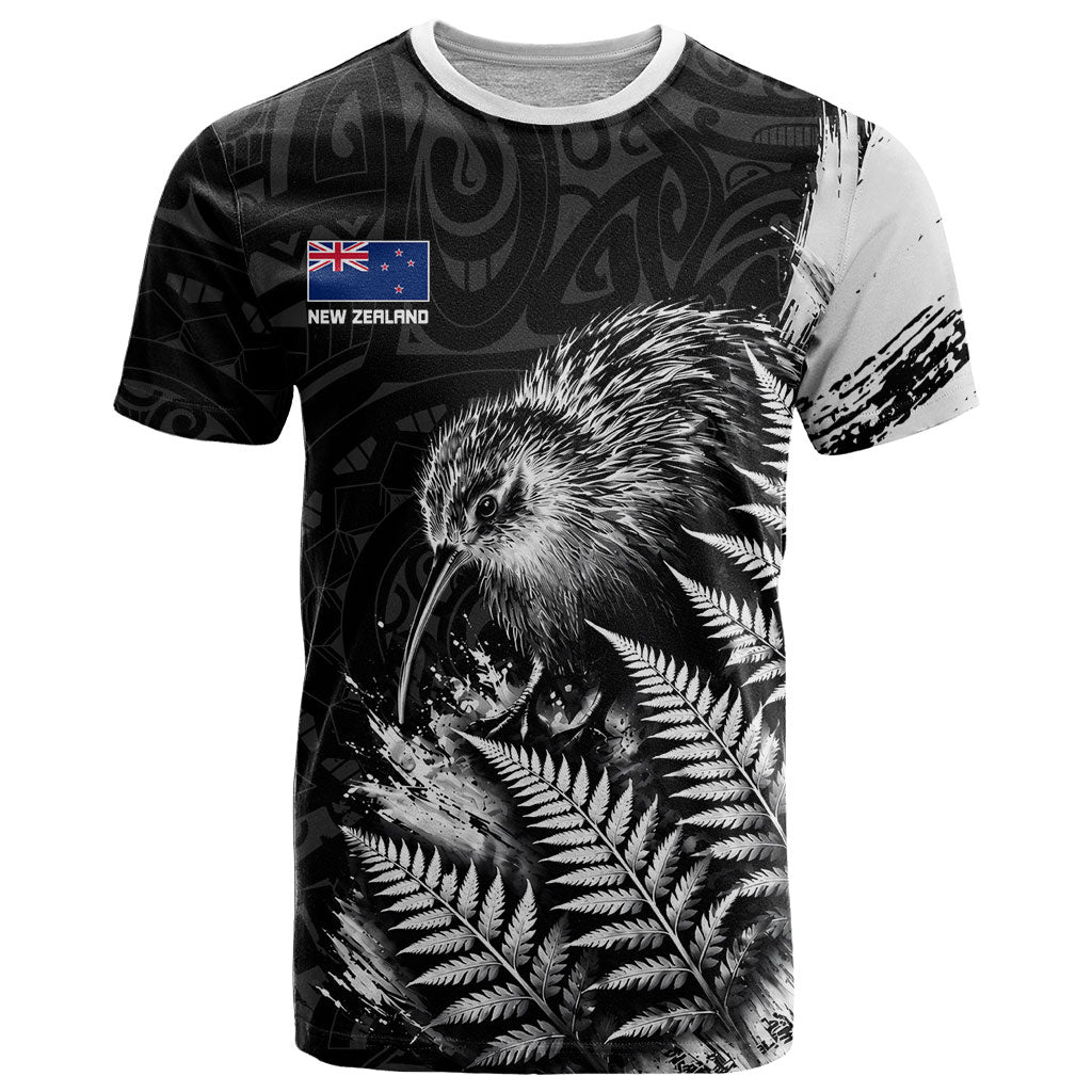 Personalized New Zealand Kiwi Bird T Shirt Grunge Maori Tribal Pattern Silver Fern TS04 Black White - Polynesian Pride