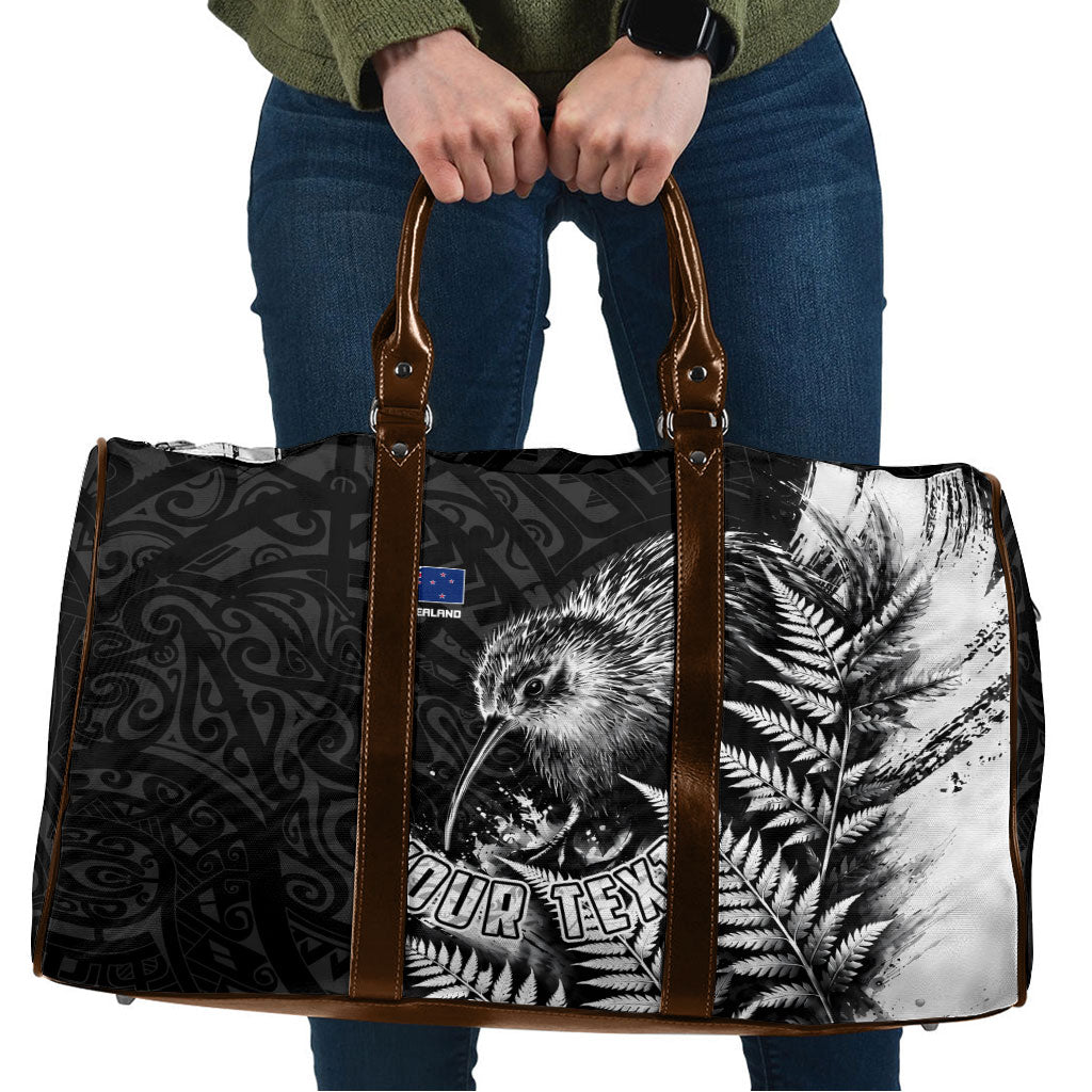 Personalized New Zealand Kiwi Bird Travel Bag Grunge Maori Tribal Pattern Silver Fern TS04 Black White - Polynesian Pride