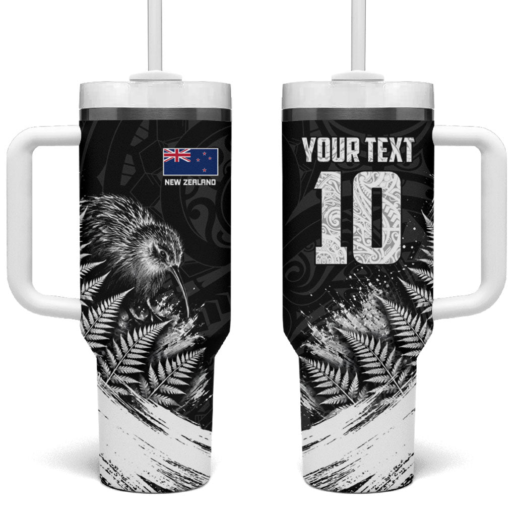 Personalized New Zealand Kiwi Bird Tumbler With Handle Grunge Maori Tribal Pattern Silver Fern TS04 One Size: 40 oz Black White - Polynesian Pride