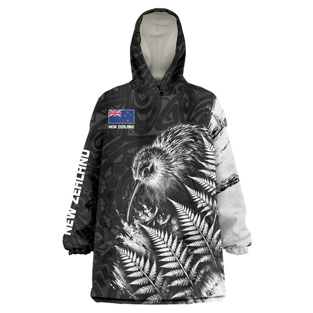 Personalized New Zealand Kiwi Bird Wearable Blanket Hoodie Grunge Maori Tribal Pattern Silver Fern TS04 One Size Black White - Polynesian Pride