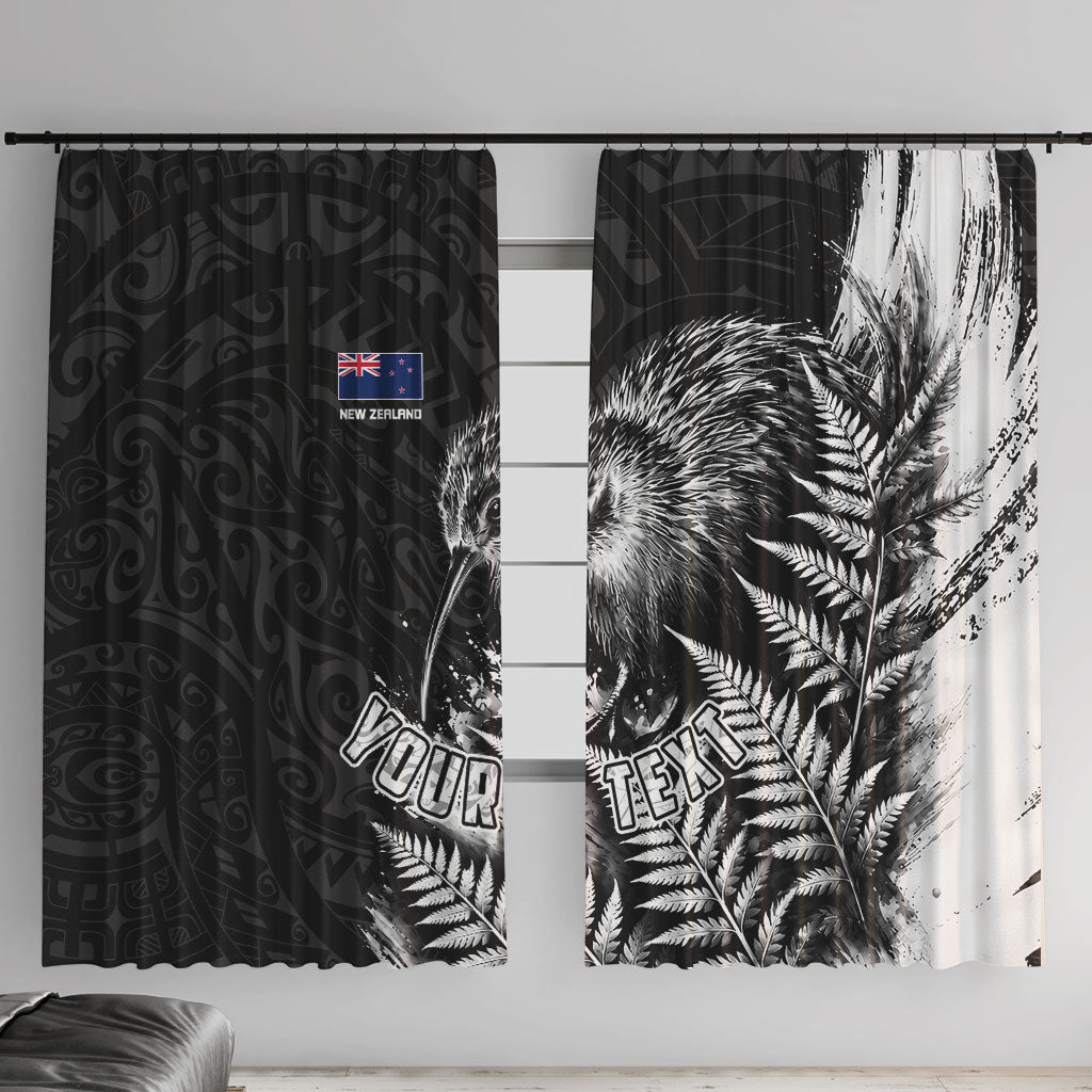 Personalized New Zealand Kiwi Bird Window Curtain Grunge Maori Tribal Pattern Silver Fern TS04 With Hooks Black White - Polynesian Pride