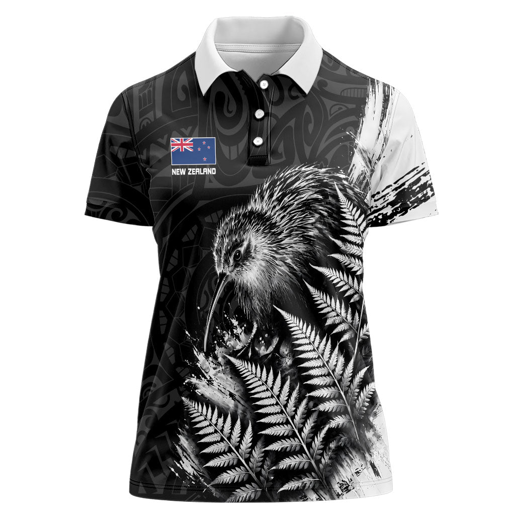 Personalized New Zealand Kiwi Bird Women Polo Shirt Grunge Maori Tribal Pattern Silver Fern TS04 Female Black White - Polynesian Pride