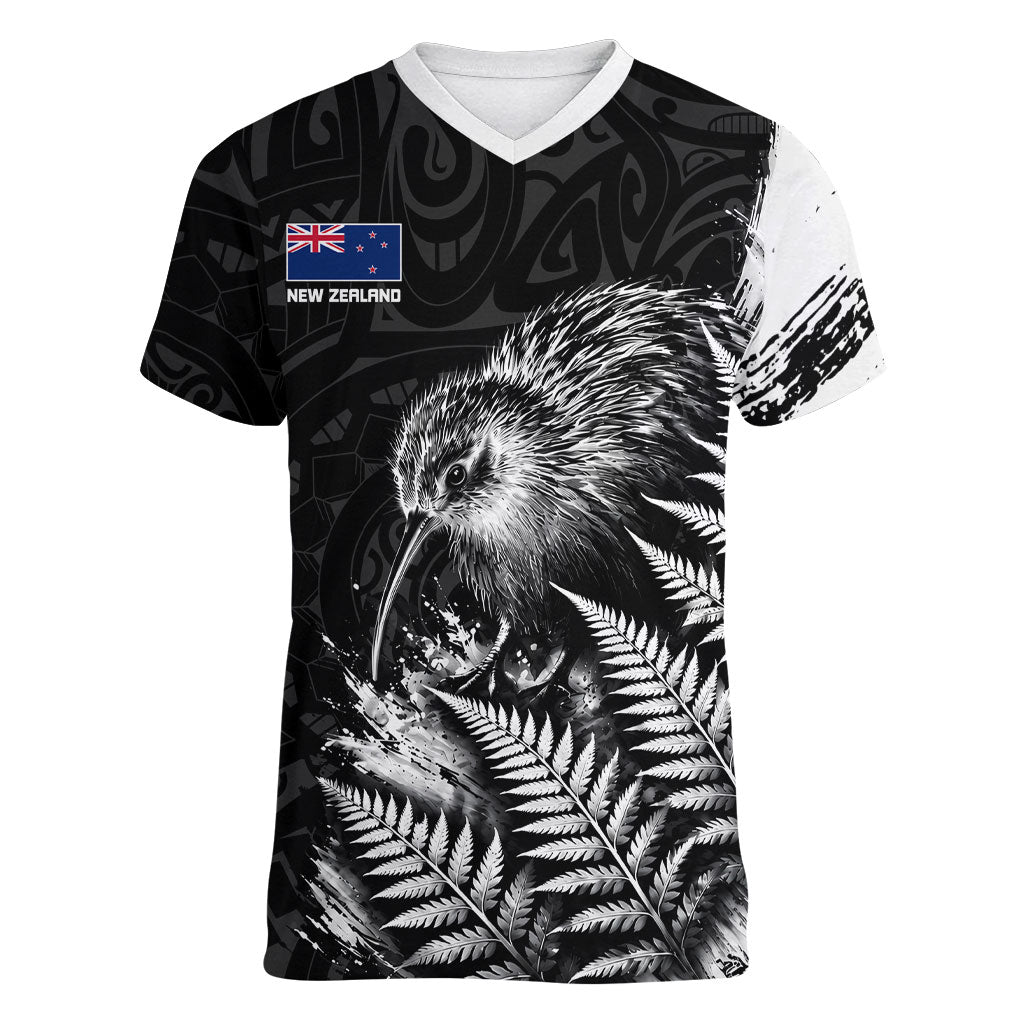 Personalized New Zealand Kiwi Bird Women V-Neck T-Shirt Grunge Maori Tribal Pattern Silver Fern