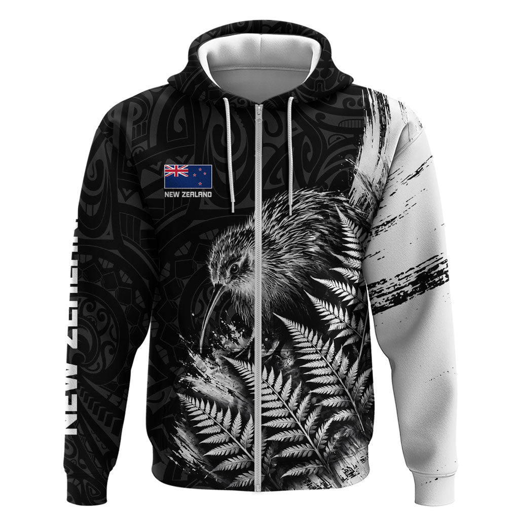 Personalized New Zealand Kiwi Bird Zip Hoodie Grunge Maori Tribal Pattern Silver Fern TS04 Zip Hoodie Black White - Polynesian Pride