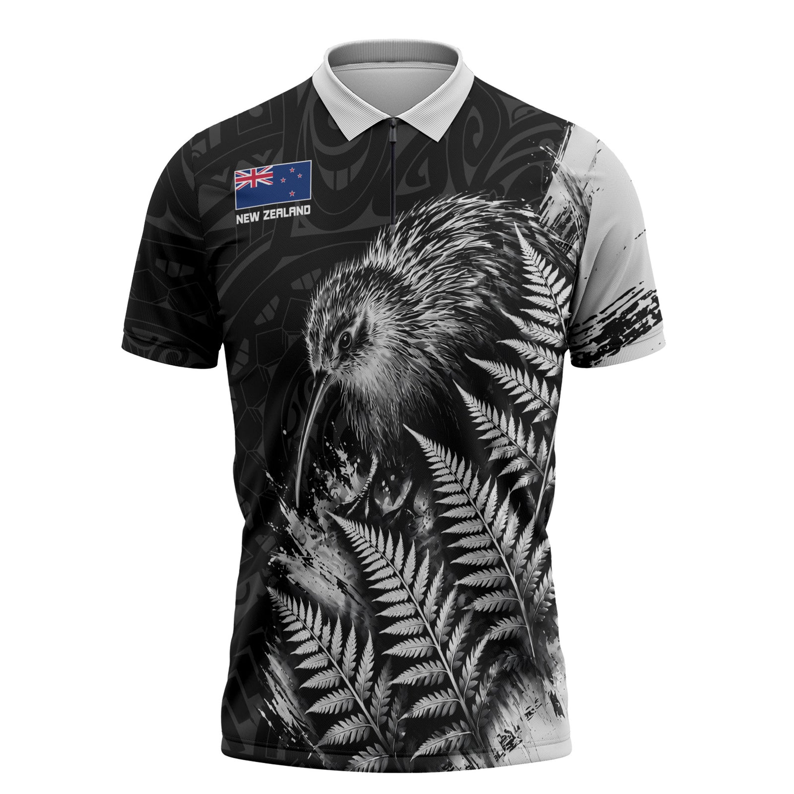 Personalized New Zealand Kiwi Bird Zipper Polo Shirt Grunge Maori Tribal Pattern Silver Fern TS04 Black White - Polynesian Pride