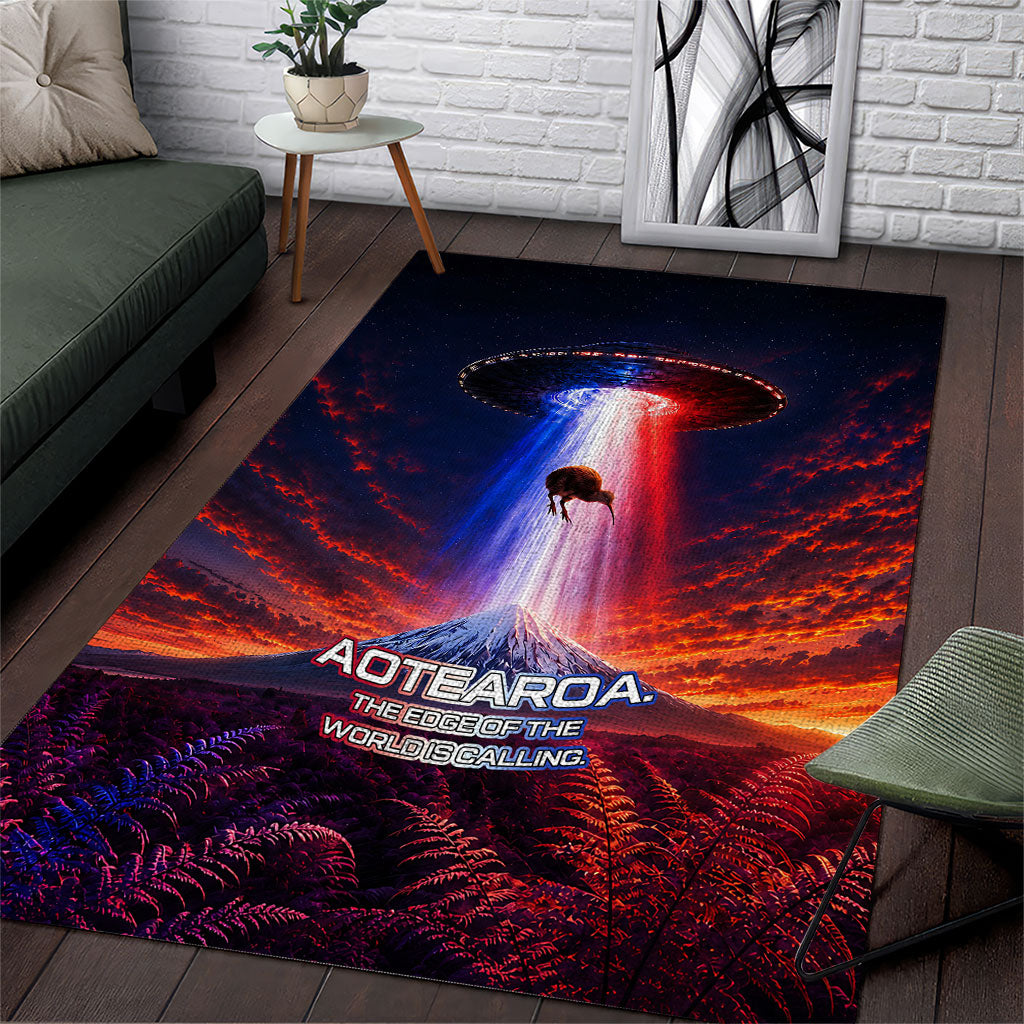 New Zealand Aotearoa Kiwi UFO Area Rug Sci-Fi Galaxy Sunset Sky Tower And Mountain TS04 Blue Red - Polynesian Pride