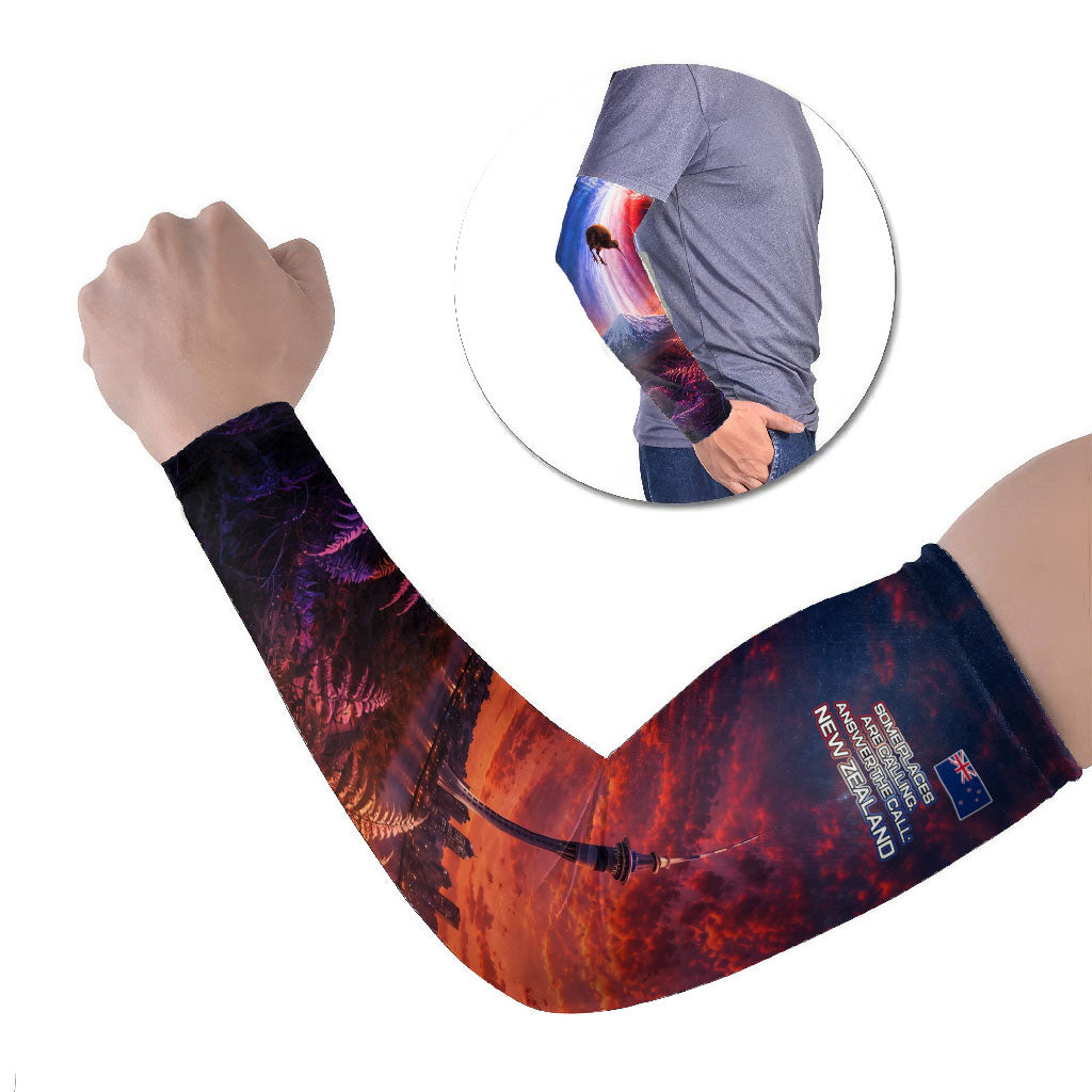 New Zealand Aotearoa Kiwi UFO Arm Sleeves Sci-Fi Galaxy Sunset Sky Tower And Mountain TS04 Set of 2 Blue Red - Polynesian Pride
