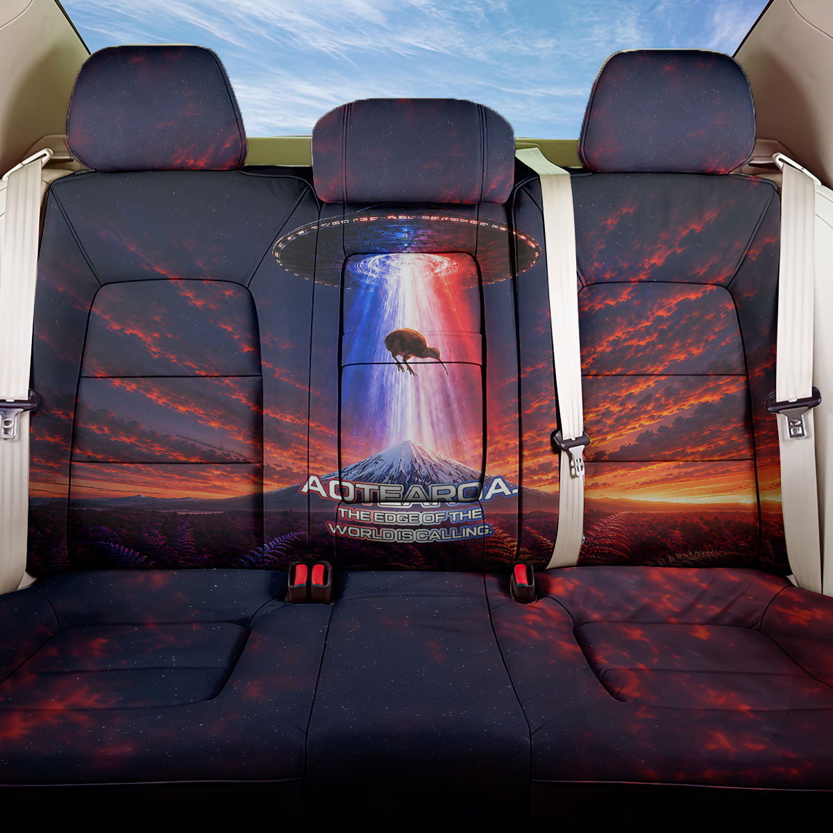 New Zealand Aotearoa Kiwi UFO Back Car Seat Cover Sci-Fi Galaxy Sunset Sky Tower And Mountain TS04 One Size Blue Red - Polynesian Pride