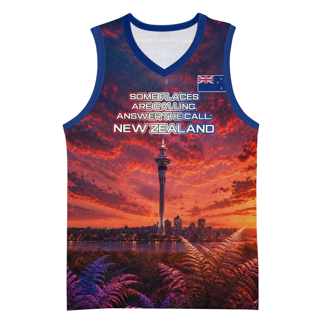 New Zealand Aotearoa Kiwi UFO Basketball Jersey Sci-Fi Galaxy Sunset Sky Tower And Mountain TS04 Unisex Blue Red - Polynesian Pride