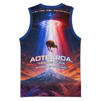 New Zealand Aotearoa Kiwi UFO Basketball Jersey Sci-Fi Galaxy Sunset Sky Tower And Mountain TS04 - Polynesian Pride