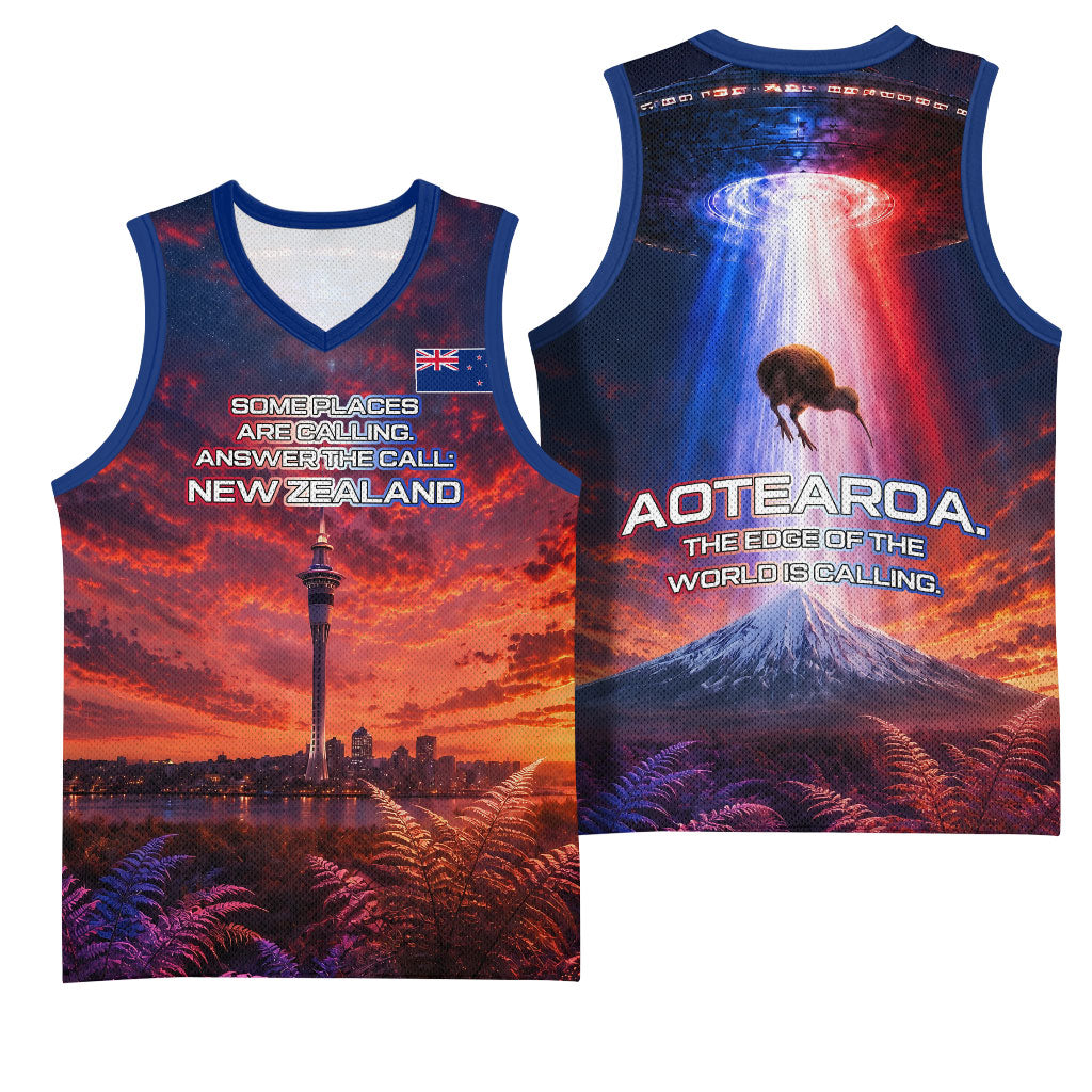 New Zealand Aotearoa Kiwi UFO Basketball Jersey Sci-Fi Galaxy Sunset Sky Tower And Mountain TS04 - Polynesian Pride