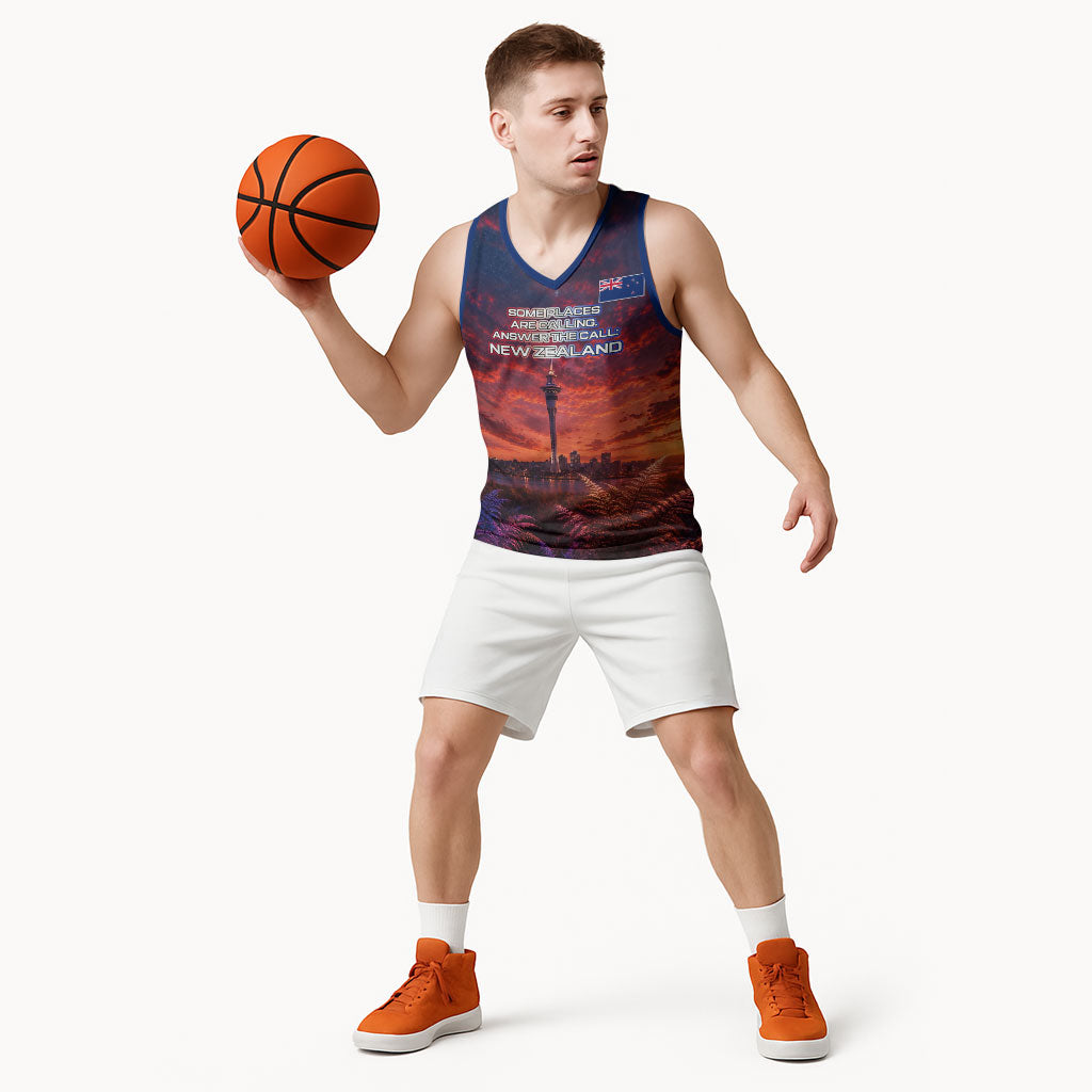New Zealand Aotearoa Kiwi UFO Basketball Jersey Sci-Fi Galaxy Sunset Sky Tower And Mountain TS04 - Polynesian Pride