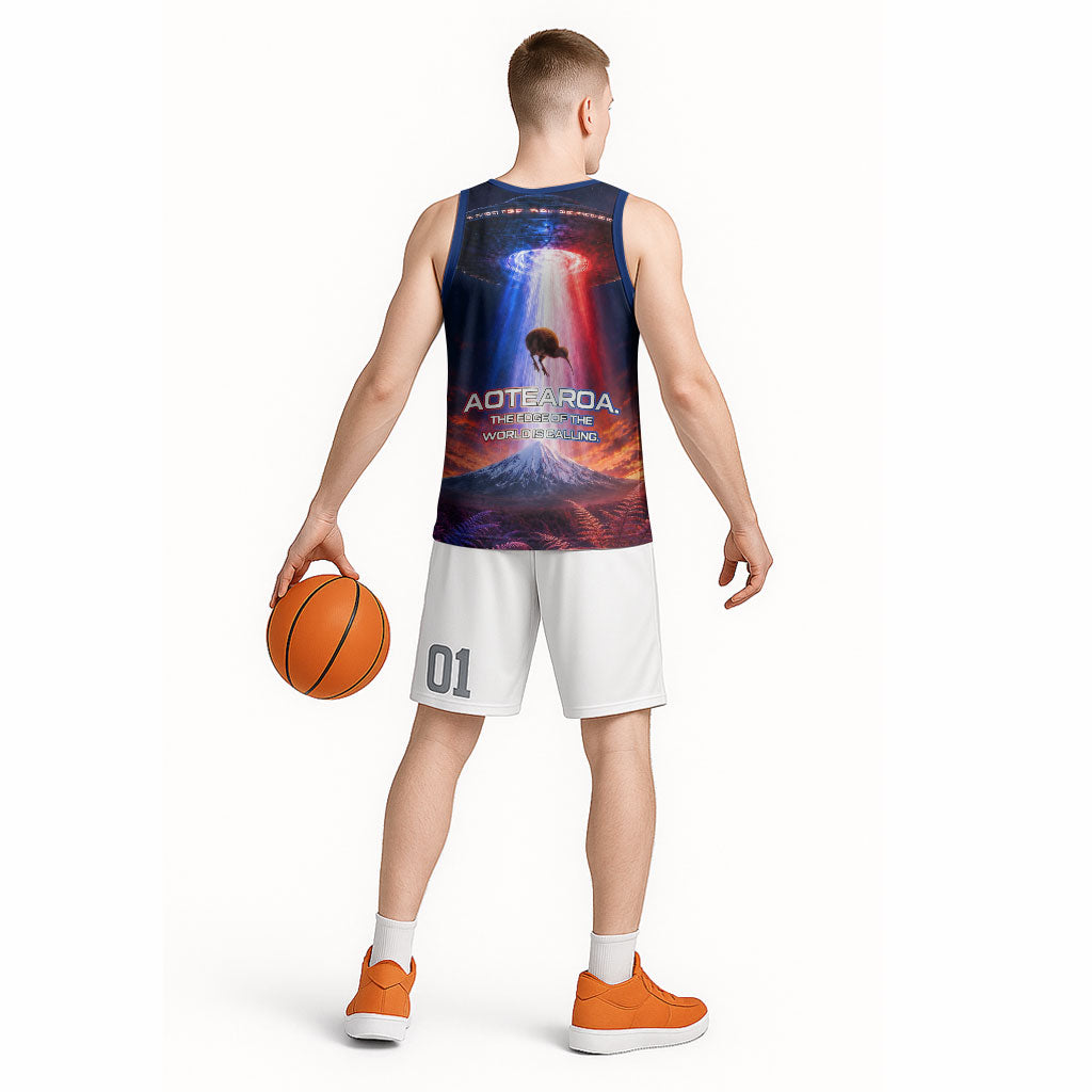 New Zealand Aotearoa Kiwi UFO Basketball Jersey Sci-Fi Galaxy Sunset Sky Tower And Mountain TS04 - Polynesian Pride