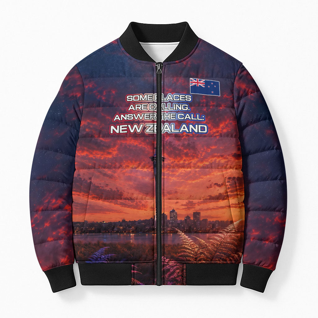 New Zealand Aotearoa Kiwi UFO Bomber Puffer Jacket Sci-Fi Galaxy Sunset Sky Tower And Mountain TS04 Unisex Blue Red - Polynesian Pride