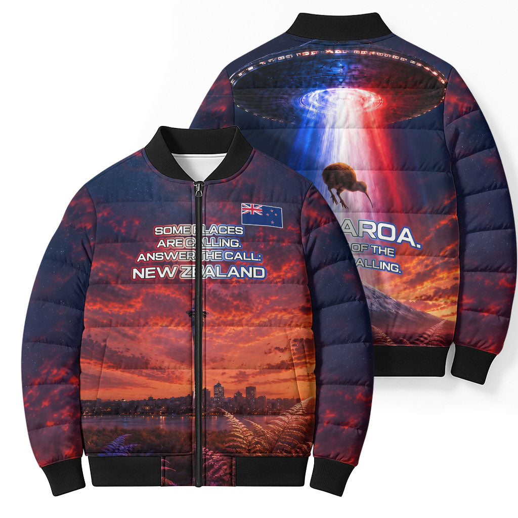 New Zealand Aotearoa Kiwi UFO Bomber Puffer Jacket Sci-Fi Galaxy Sunset Sky Tower And Mountain TS04 - Polynesian Pride