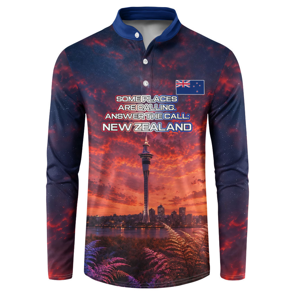 New Zealand Aotearoa Kiwi UFO Button Sweatshirt Sci-Fi Galaxy Sunset Sky Tower And Mountain TS04 Blue Red - Polynesian Pride