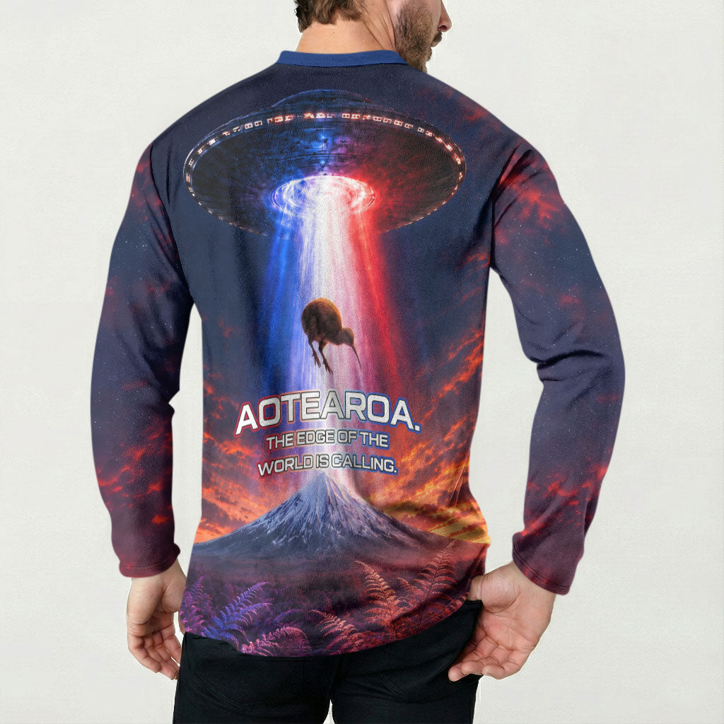 New Zealand Aotearoa Kiwi UFO Button Sweatshirt Sci-Fi Galaxy Sunset Sky Tower And Mountain TS04 - Polynesian Pride