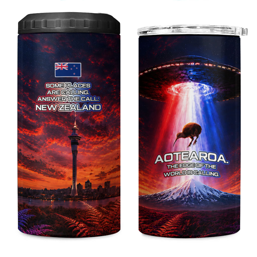 New Zealand Aotearoa Kiwi UFO 4 in 1 Can Cooler Tumbler Sci-Fi Galaxy Sunset Sky Tower And Mountain TS04 One Size: 16 oz Blue Red - Polynesian Pride
