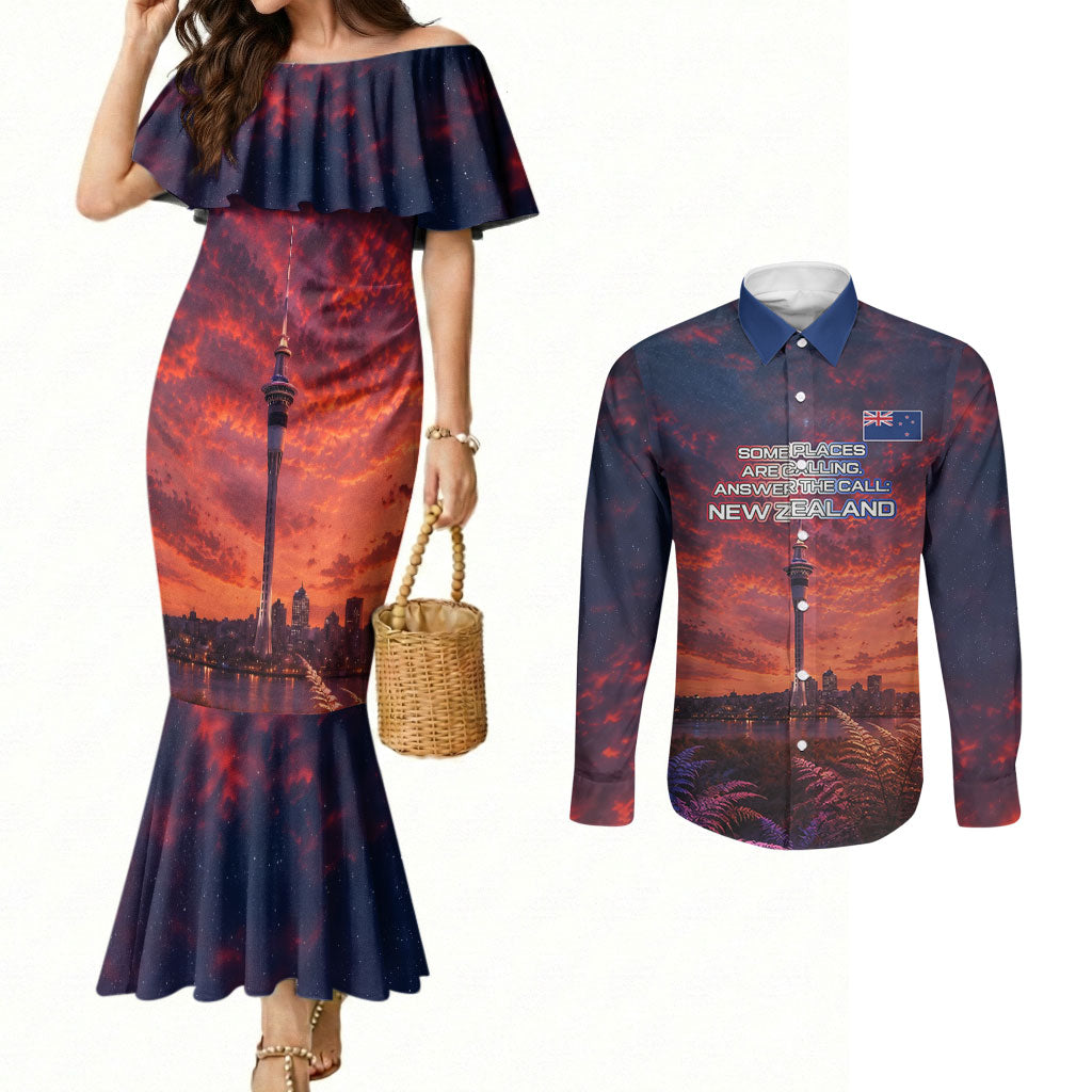 New Zealand Aotearoa Kiwi UFO Couples Matching Mermaid Dress and Long Sleeve Button Shirt Sci-Fi Galaxy Sunset Sky Tower And Mountain TS04 Blue Red - Polynesian Pride