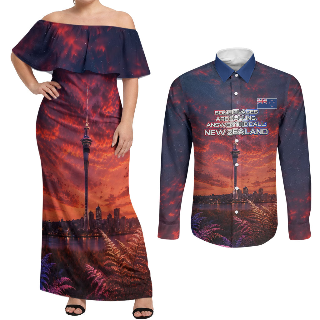 New Zealand Aotearoa Kiwi UFO Couples Matching Off Shoulder Maxi Dress and Long Sleeve Button Shirt Sci-Fi Galaxy Sunset Sky Tower And Mountain TS04 Blue Red - Polynesian Pride