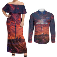 New Zealand Aotearoa Kiwi UFO Couples Matching Off Shoulder Maxi Dress and Long Sleeve Button Shirt Sci-Fi Galaxy Sunset Sky Tower And Mountain TS04 Blue Red - Polynesian Pride