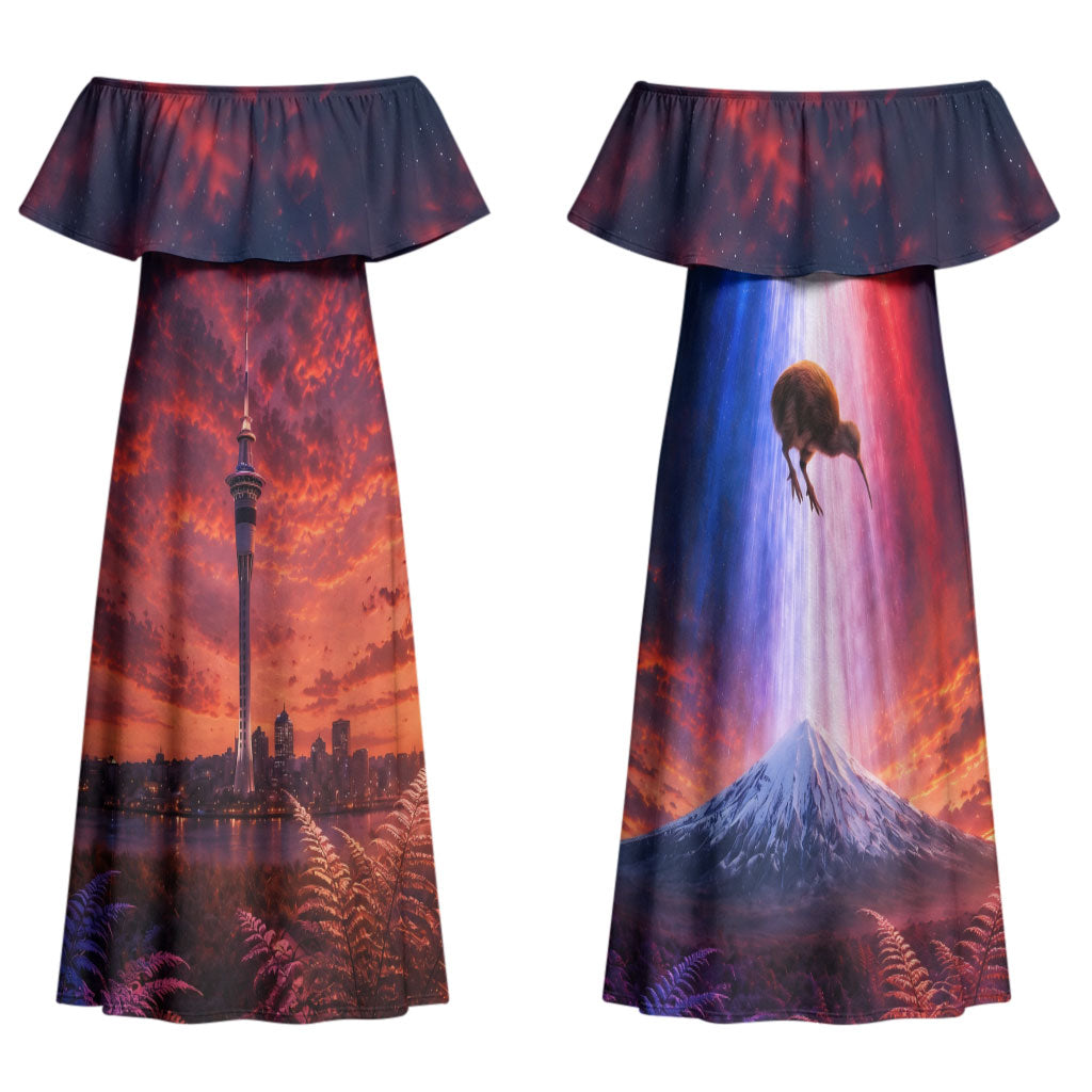 New Zealand Aotearoa Kiwi UFO Couples Matching Off Shoulder Maxi Dress and Long Sleeve Button Shirt Sci-Fi Galaxy Sunset Sky Tower And Mountain TS04 - Polynesian Pride