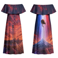 New Zealand Aotearoa Kiwi UFO Couples Matching Off Shoulder Maxi Dress and Long Sleeve Button Shirt Sci-Fi Galaxy Sunset Sky Tower And Mountain TS04 - Polynesian Pride