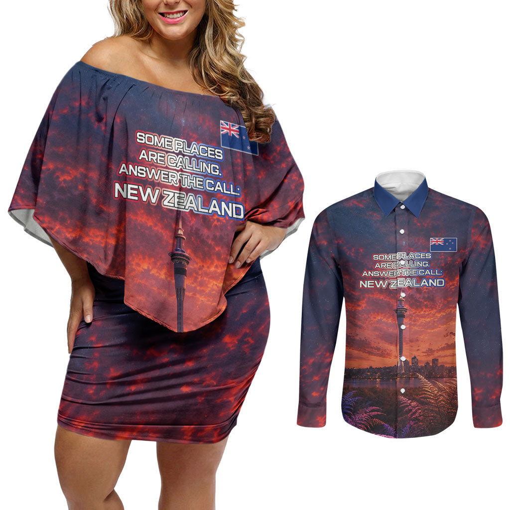 New Zealand Aotearoa Kiwi UFO Couples Matching Off Shoulder Short Dress and Long Sleeve Button Shirt Sci-Fi Galaxy Sunset Sky Tower And Mountain TS04 Blue Red - Polynesian Pride