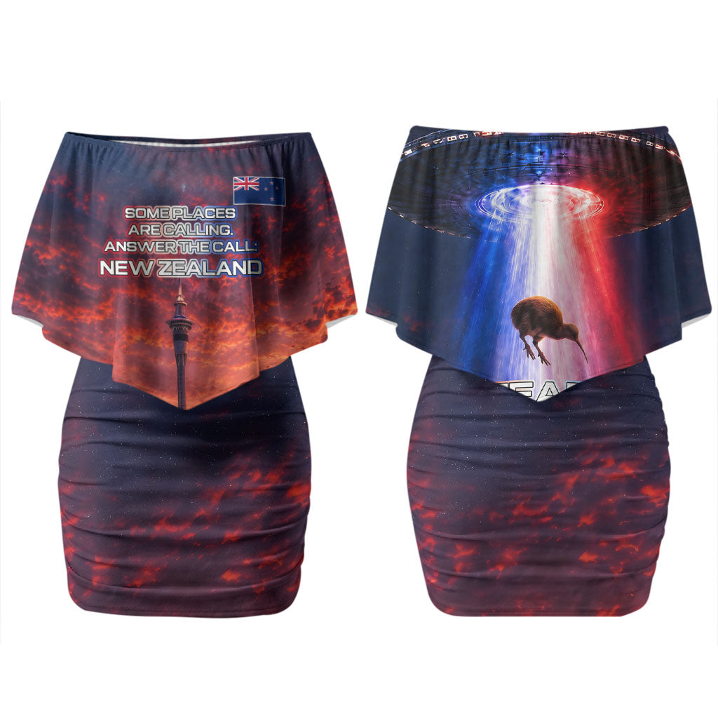 New Zealand Aotearoa Kiwi UFO Couples Matching Off Shoulder Short Dress and Long Sleeve Button Shirt Sci-Fi Galaxy Sunset Sky Tower And Mountain TS04 - Polynesian Pride