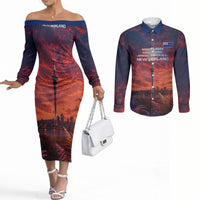 New Zealand Aotearoa Kiwi UFO Couples Matching Off The Shoulder Long Sleeve Dress and Long Sleeve Button Shirt Sci-Fi Galaxy Sunset Sky Tower And Mountain TS04 Blue Red - Polynesian Pride