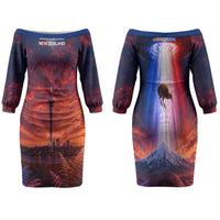 New Zealand Aotearoa Kiwi UFO Couples Matching Off The Shoulder Long Sleeve Dress and Long Sleeve Button Shirt Sci-Fi Galaxy Sunset Sky Tower And Mountain TS04 - Polynesian Pride