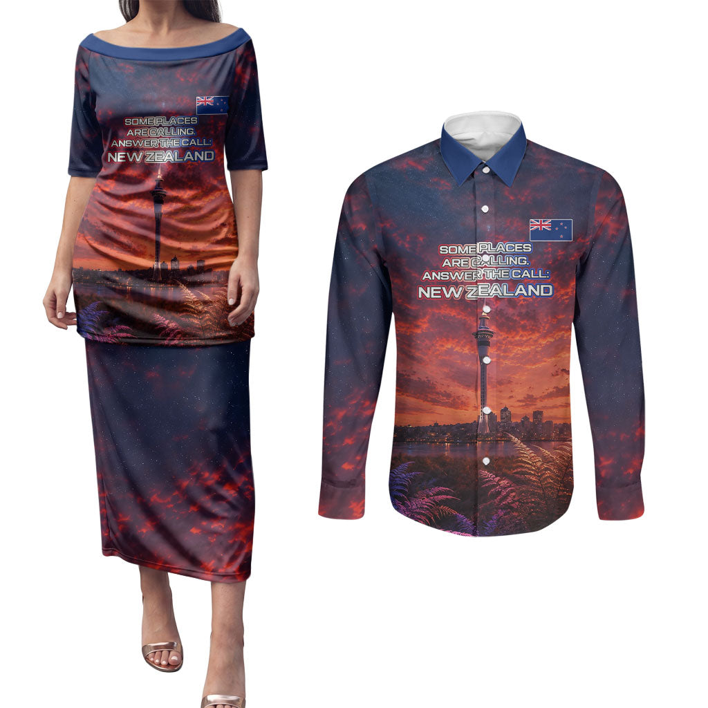 New Zealand Aotearoa Kiwi UFO Couples Matching Puletasi and Long Sleeve Button Shirt Sci-Fi Galaxy Sunset Sky Tower And Mountain TS04 Blue Red - Polynesian Pride