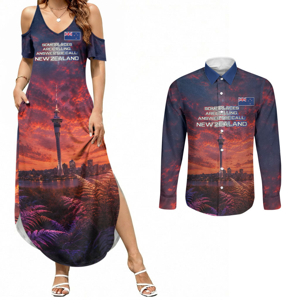 New Zealand Aotearoa Kiwi UFO Couples Matching Summer Maxi Dress and Long Sleeve Button Shirt Sci-Fi Galaxy Sunset Sky Tower And Mountain TS04 Blue Red - Polynesian Pride