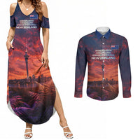 New Zealand Aotearoa Kiwi UFO Couples Matching Summer Maxi Dress and Long Sleeve Button Shirt Sci-Fi Galaxy Sunset Sky Tower And Mountain TS04 Blue Red - Polynesian Pride