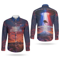 New Zealand Aotearoa Kiwi UFO Couples Matching Summer Maxi Dress and Long Sleeve Button Shirt Sci-Fi Galaxy Sunset Sky Tower And Mountain TS04 - Polynesian Pride
