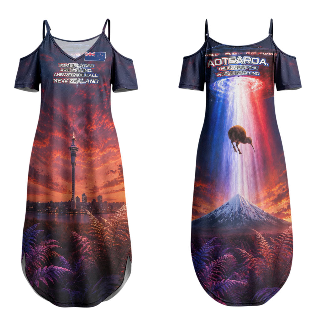 New Zealand Aotearoa Kiwi UFO Couples Matching Summer Maxi Dress and Long Sleeve Button Shirt Sci-Fi Galaxy Sunset Sky Tower And Mountain TS04 - Polynesian Pride