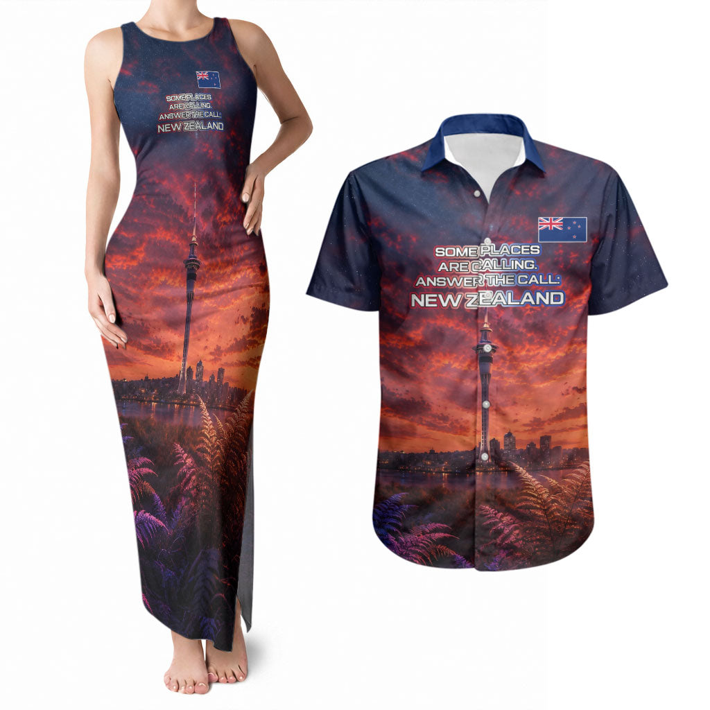 New Zealand Aotearoa Kiwi UFO Couples Matching Tank Maxi Dress and Hawaiian Shirt Sci-Fi Galaxy Sunset Sky Tower And Mountain TS04 Blue Red - Polynesian Pride