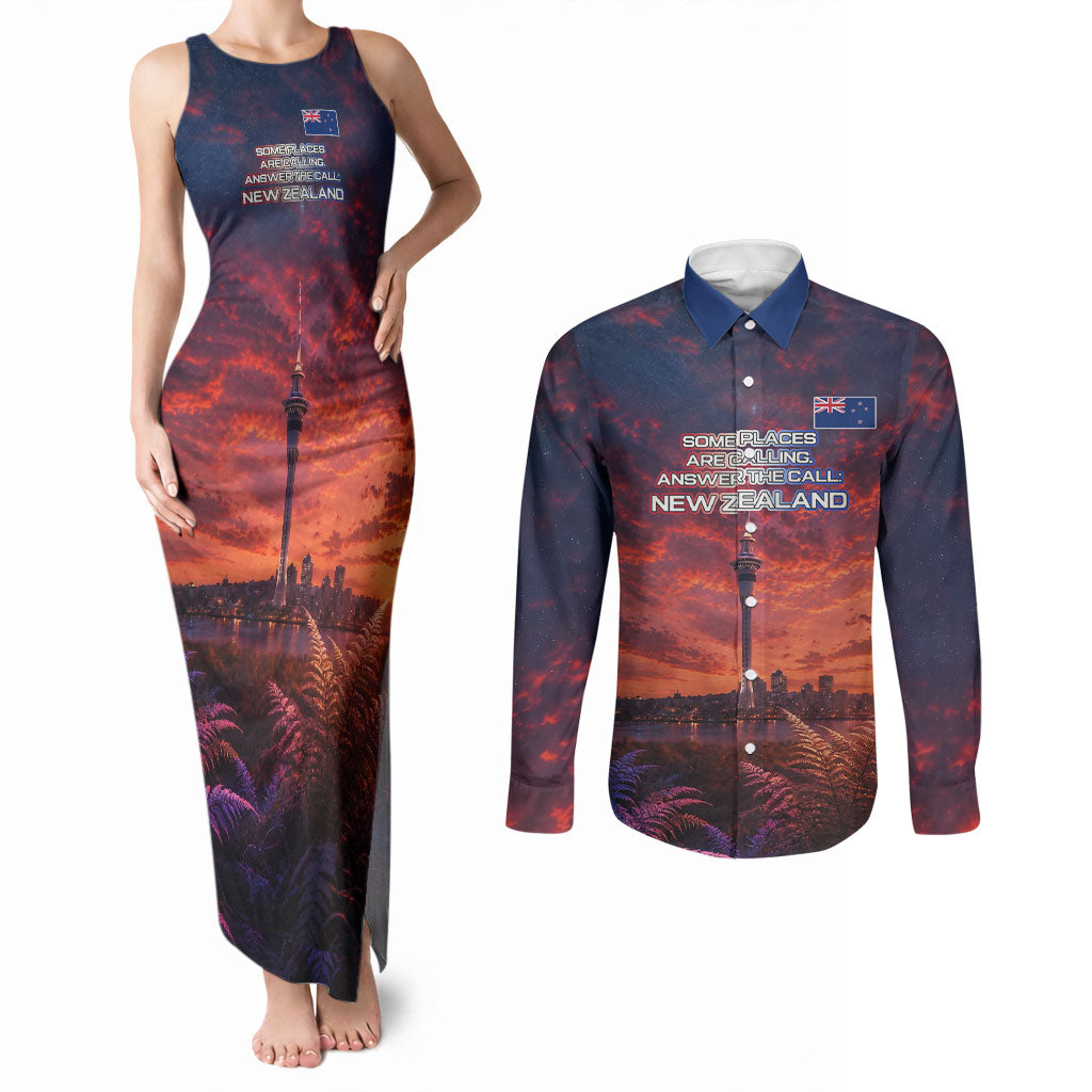 New Zealand Aotearoa Kiwi UFO Couples Matching Tank Maxi Dress and Long Sleeve Button Shirt Sci-Fi Galaxy Sunset Sky Tower And Mountain TS04 Blue Red - Polynesian Pride