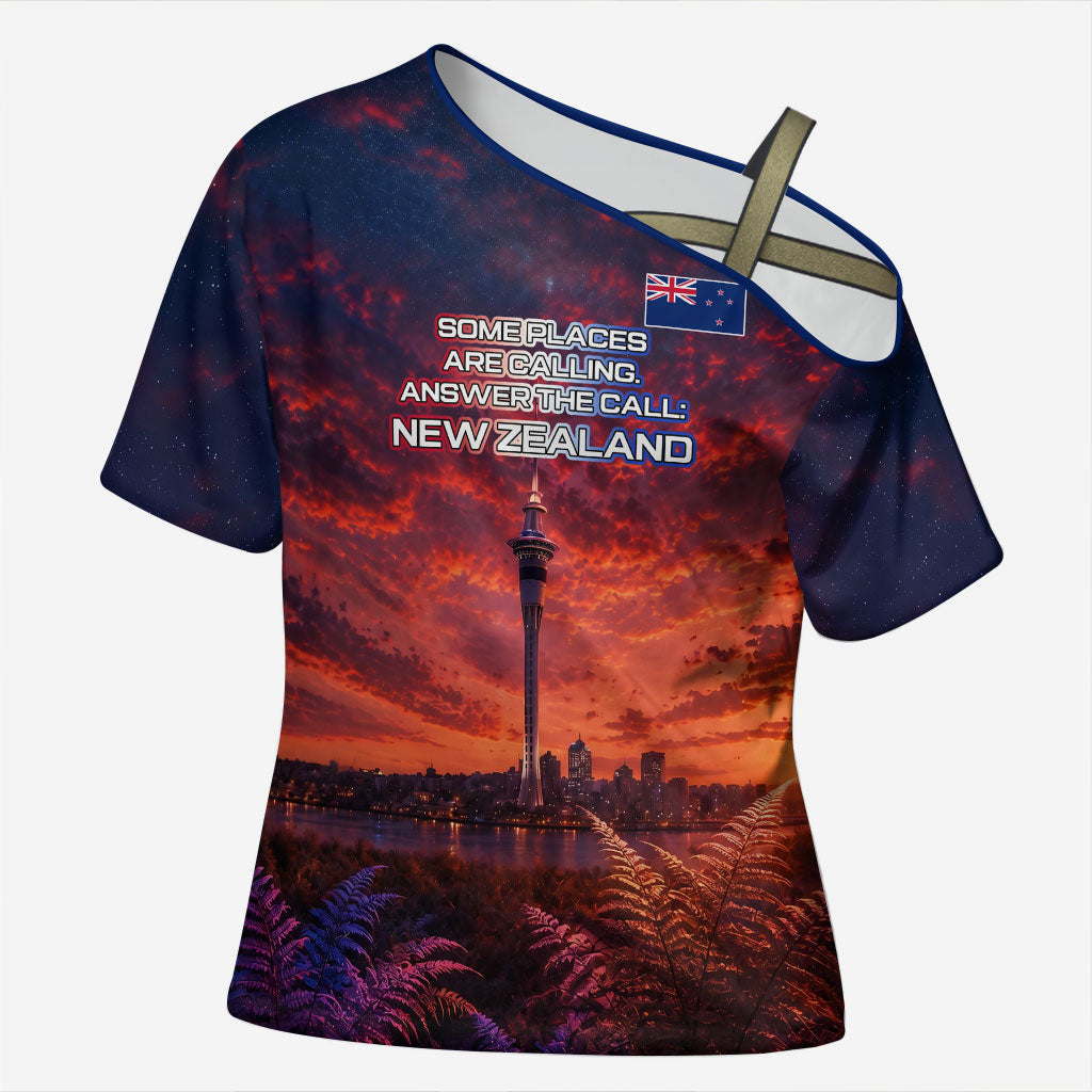 New Zealand Aotearoa Kiwi UFO Cross Shoulder Shirt Sci-Fi Galaxy Sunset Sky Tower And Mountain TS04 Female Blue Red - Polynesian Pride