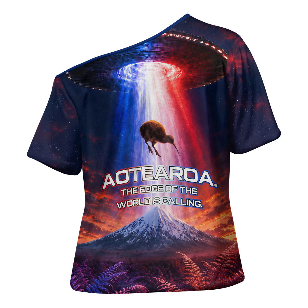 New Zealand Aotearoa Kiwi UFO Cross Shoulder Shirt Sci-Fi Galaxy Sunset Sky Tower And Mountain TS04 - Polynesian Pride