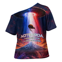 New Zealand Aotearoa Kiwi UFO Cross Shoulder Shirt Sci-Fi Galaxy Sunset Sky Tower And Mountain TS04 - Polynesian Pride