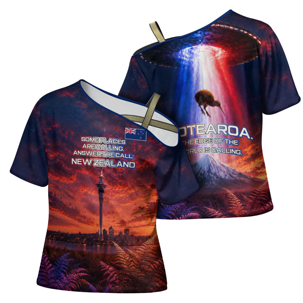 New Zealand Aotearoa Kiwi UFO Cross Shoulder Shirt Sci-Fi Galaxy Sunset Sky Tower And Mountain TS04 - Polynesian Pride