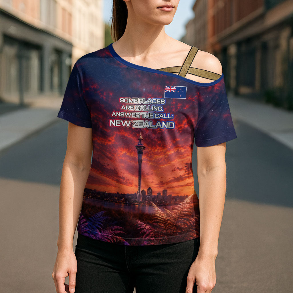 New Zealand Aotearoa Kiwi UFO Cross Shoulder Shirt Sci-Fi Galaxy Sunset Sky Tower And Mountain TS04 - Polynesian Pride