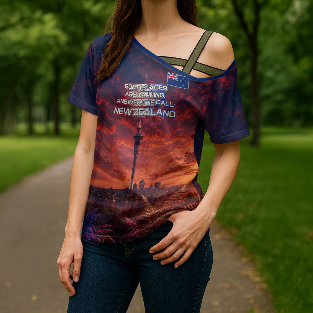 New Zealand Aotearoa Kiwi UFO Cross Shoulder Shirt Sci-Fi Galaxy Sunset Sky Tower And Mountain TS04 - Polynesian Pride