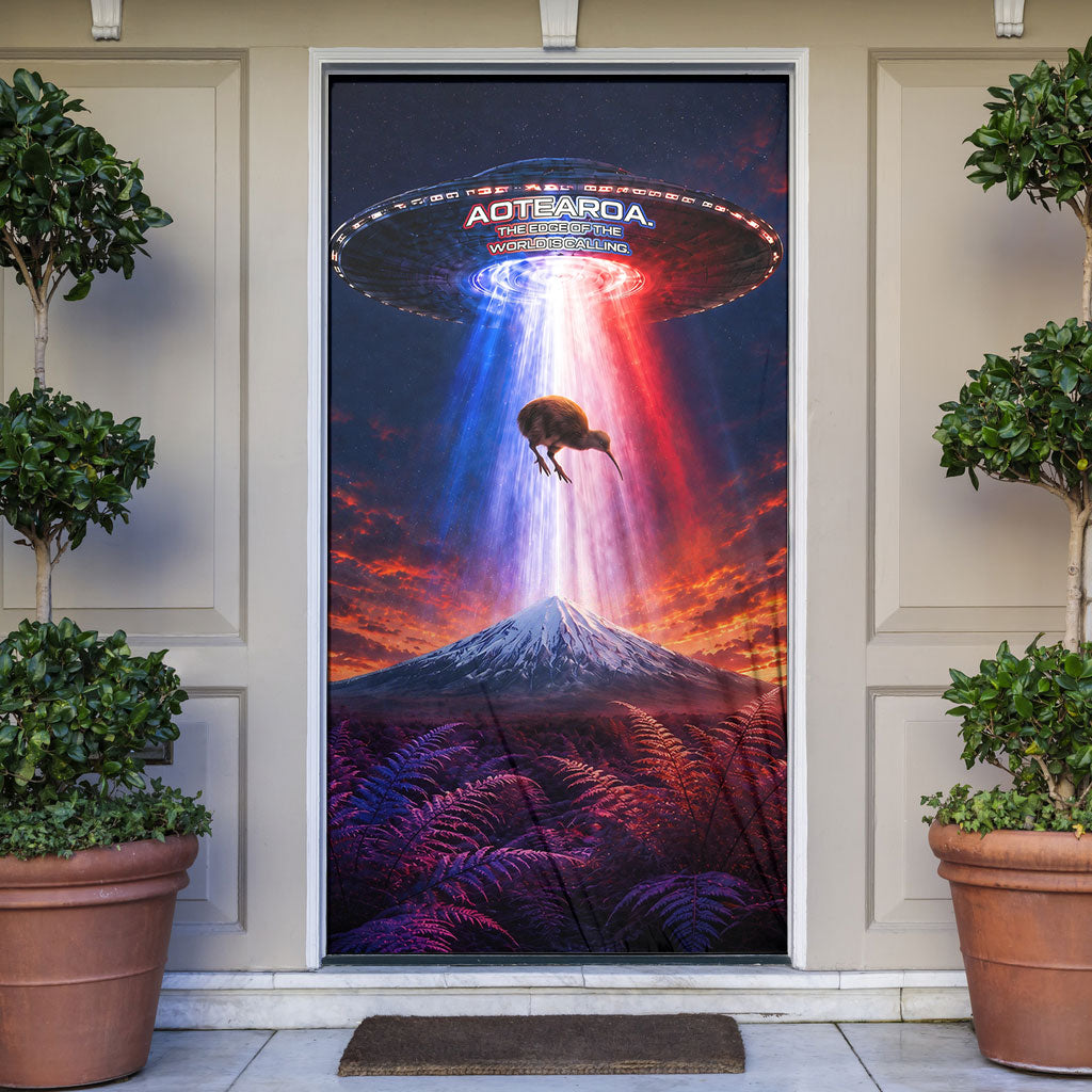 New Zealand Aotearoa Kiwi UFO Door Cover Sci-Fi Galaxy Sunset Sky Tower And Mountain TS04 Blue Red - Polynesian Pride